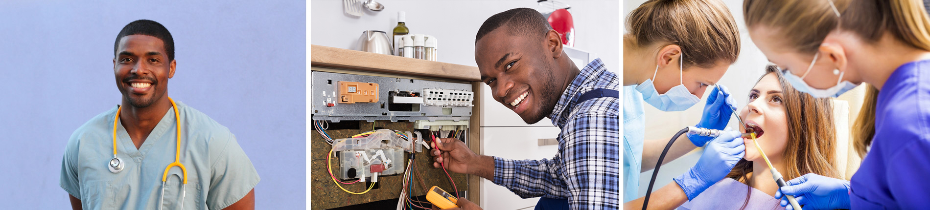 A collage of images showing a variety of professionals from a medical worker, to an electrician, to a dentist. 