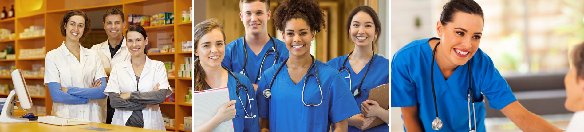 A collage of images showing various types of medical professionals in their working environment. 