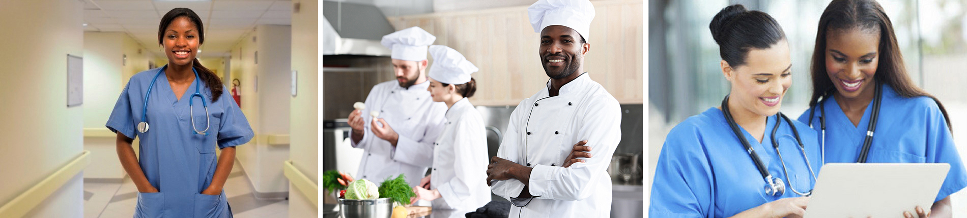 A collage of images that shows different types of medical and culinary professionals in their working environment. 