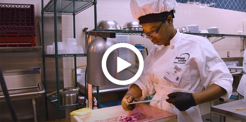 A video play button, with a baking and pastry chef, working in a kitchen in the background.