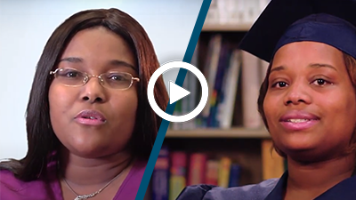 Video play button with medical assistant graduates Betty and Minerva.