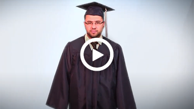 Video play button with Dearborn campus graduate Yassir giving a testimonial. 